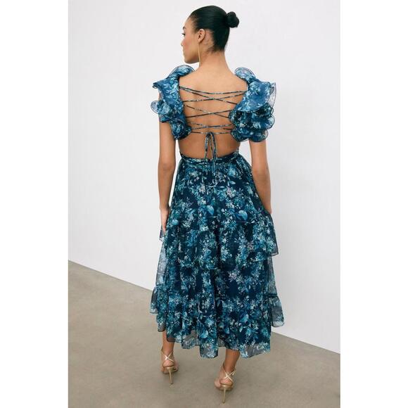 Ieena for Mac Duggal Blue Ruffle Tiered Floral Cut Out Gown Size 8 Fabric Pull - Picture 2 of 10